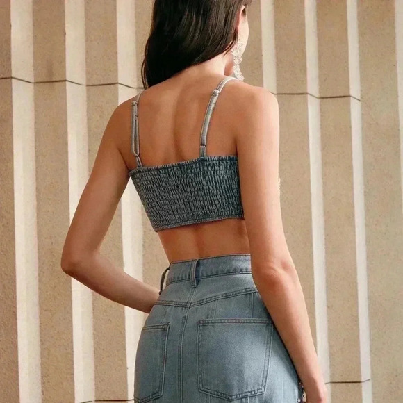 Blue Party Women's Fashion Luxury Beaded Denim Camisole Top - Picture 4 of 7